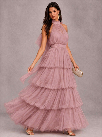 High Neck A-Line Tulle Tiered Sleeveless Floor-Length Wedding Guest Dress