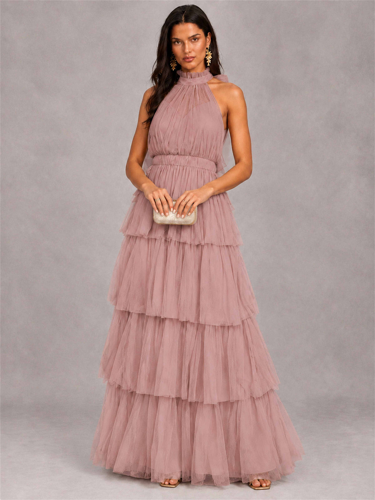 High Neck A-Line Tulle Tiered Sleeveless Floor-Length Wedding Guest Dress