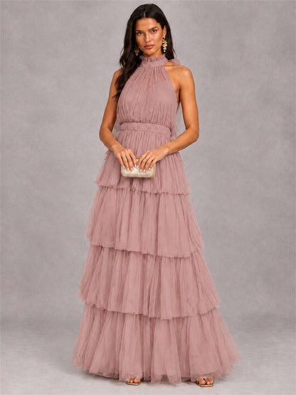 High Neck A-Line Tulle Tiered Sleeveless Floor-Length Wedding Guest Dress