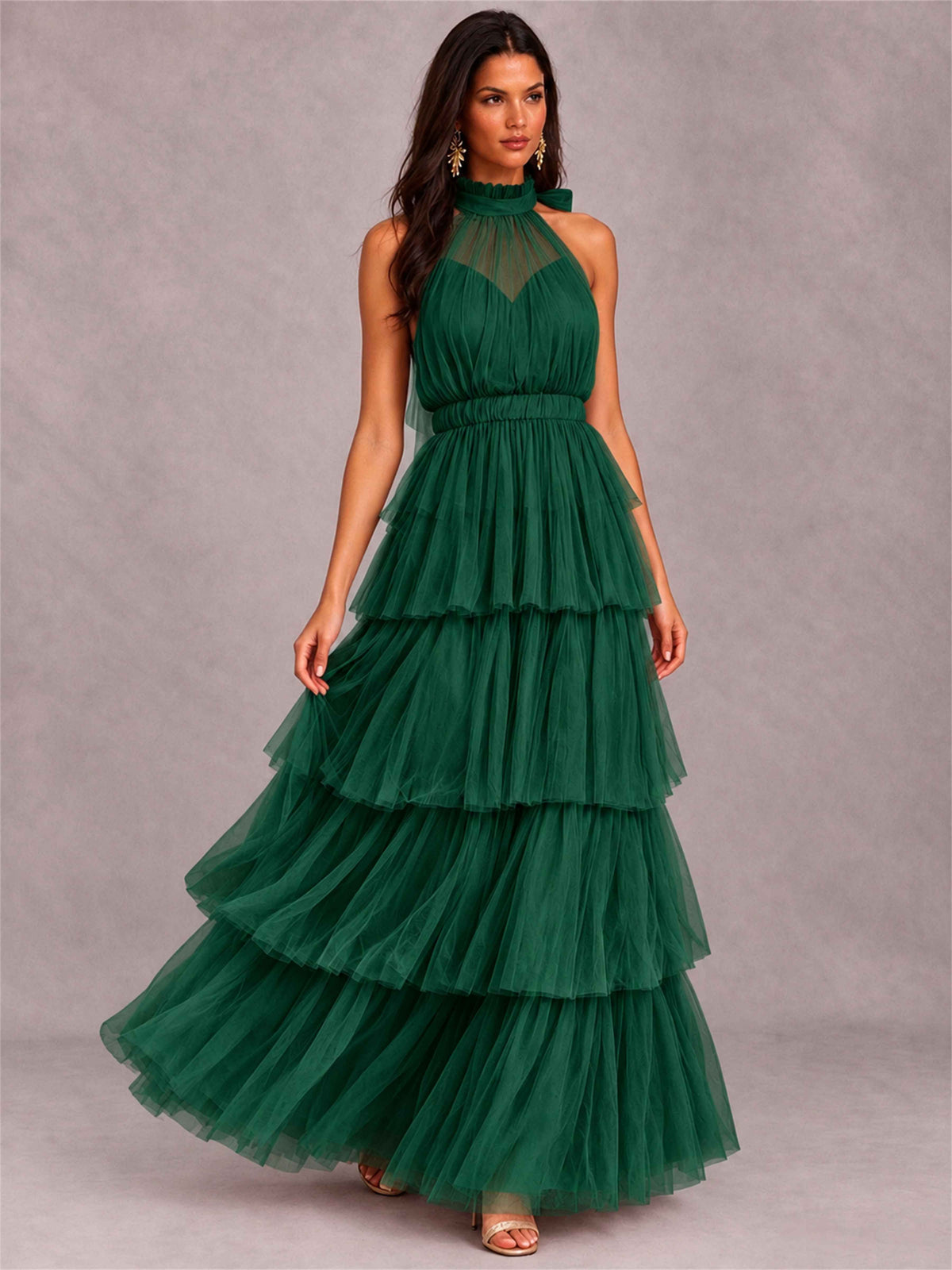 High Neck A-Line Tulle Tiered Sleeveless Floor-Length Wedding Guest Dress