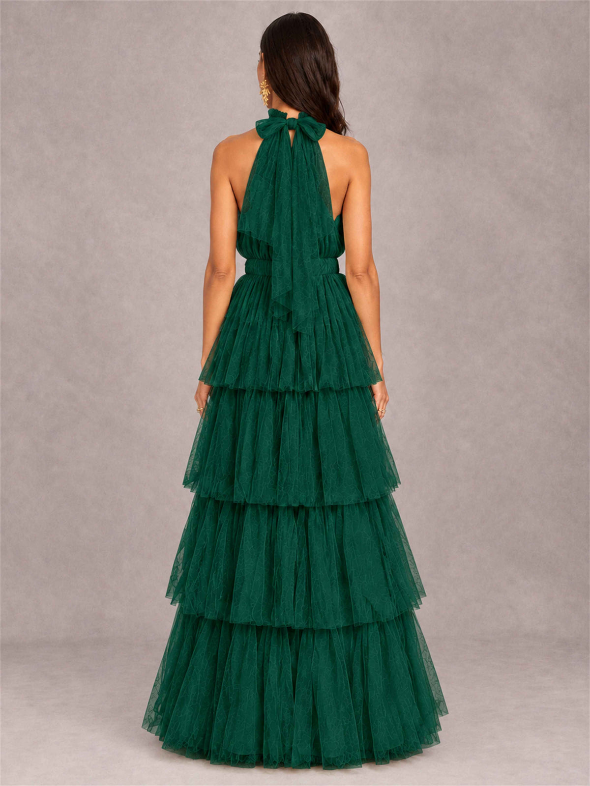 High Neck A-Line Tulle Tiered Sleeveless Floor-Length Wedding Guest Dress