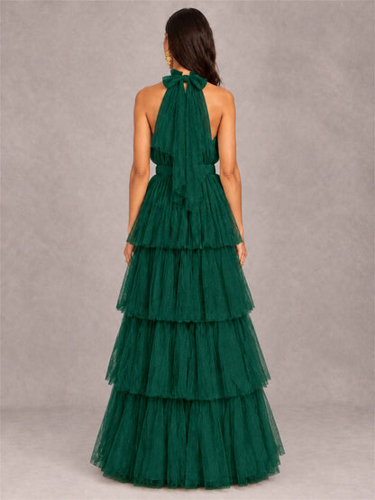 High Neck A-Line Tulle Tiered Sleeveless Floor-Length Wedding Guest Dress