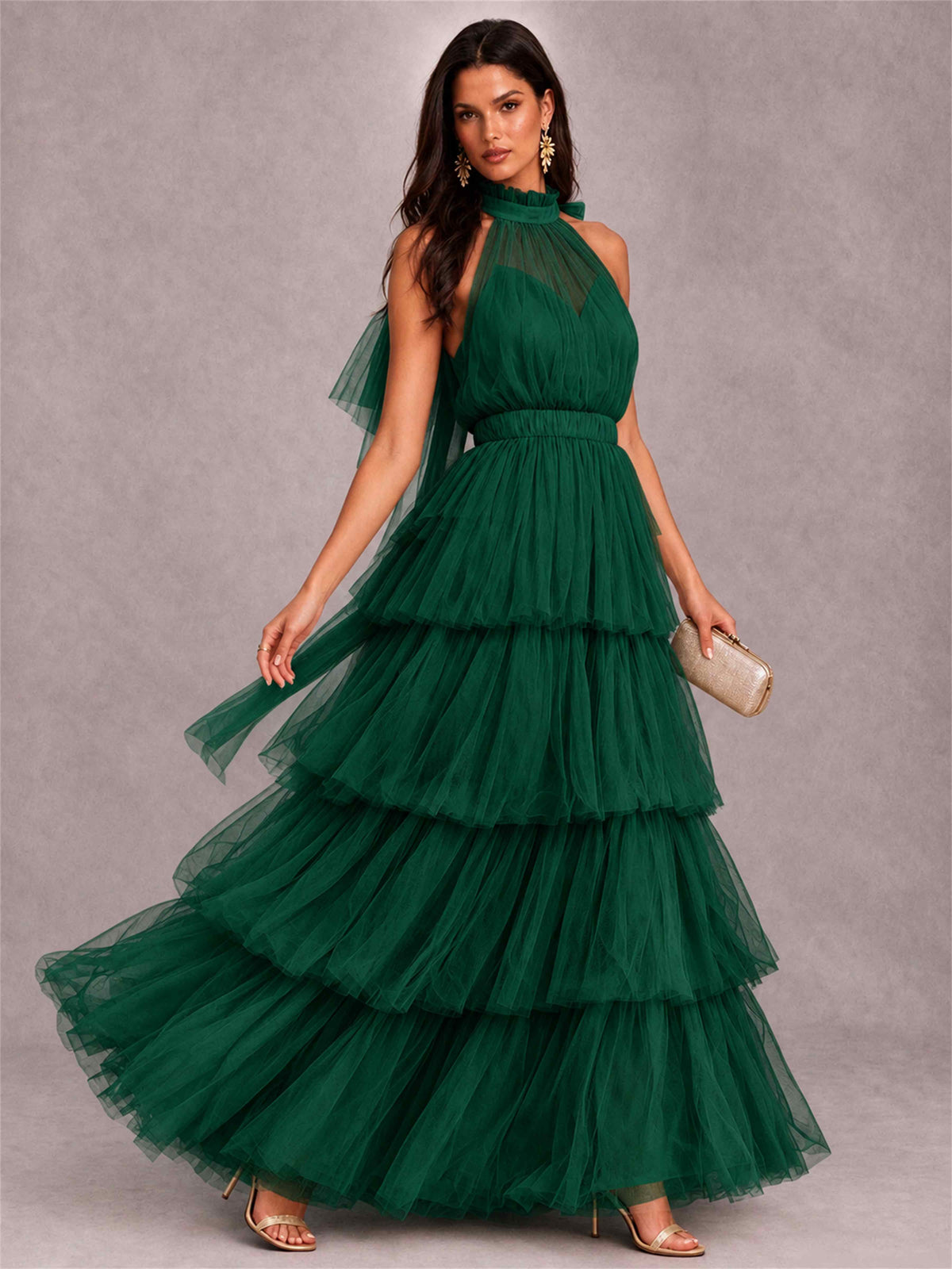 High Neck A-Line Tulle Tiered Sleeveless Floor-Length Wedding Guest Dress