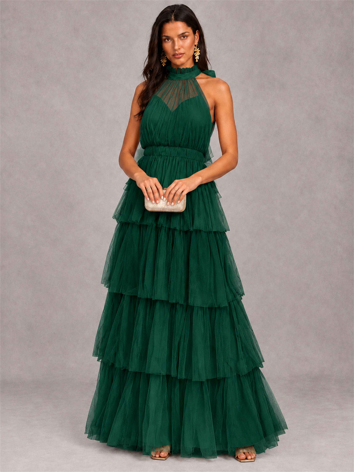 High Neck A-Line Tulle Tiered Sleeveless Floor-Length Wedding Guest Dress