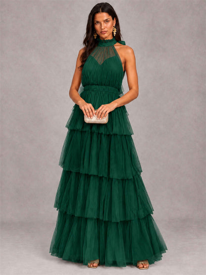 High Neck A-Line Tulle Tiered Sleeveless Floor-Length Wedding Guest Dress
