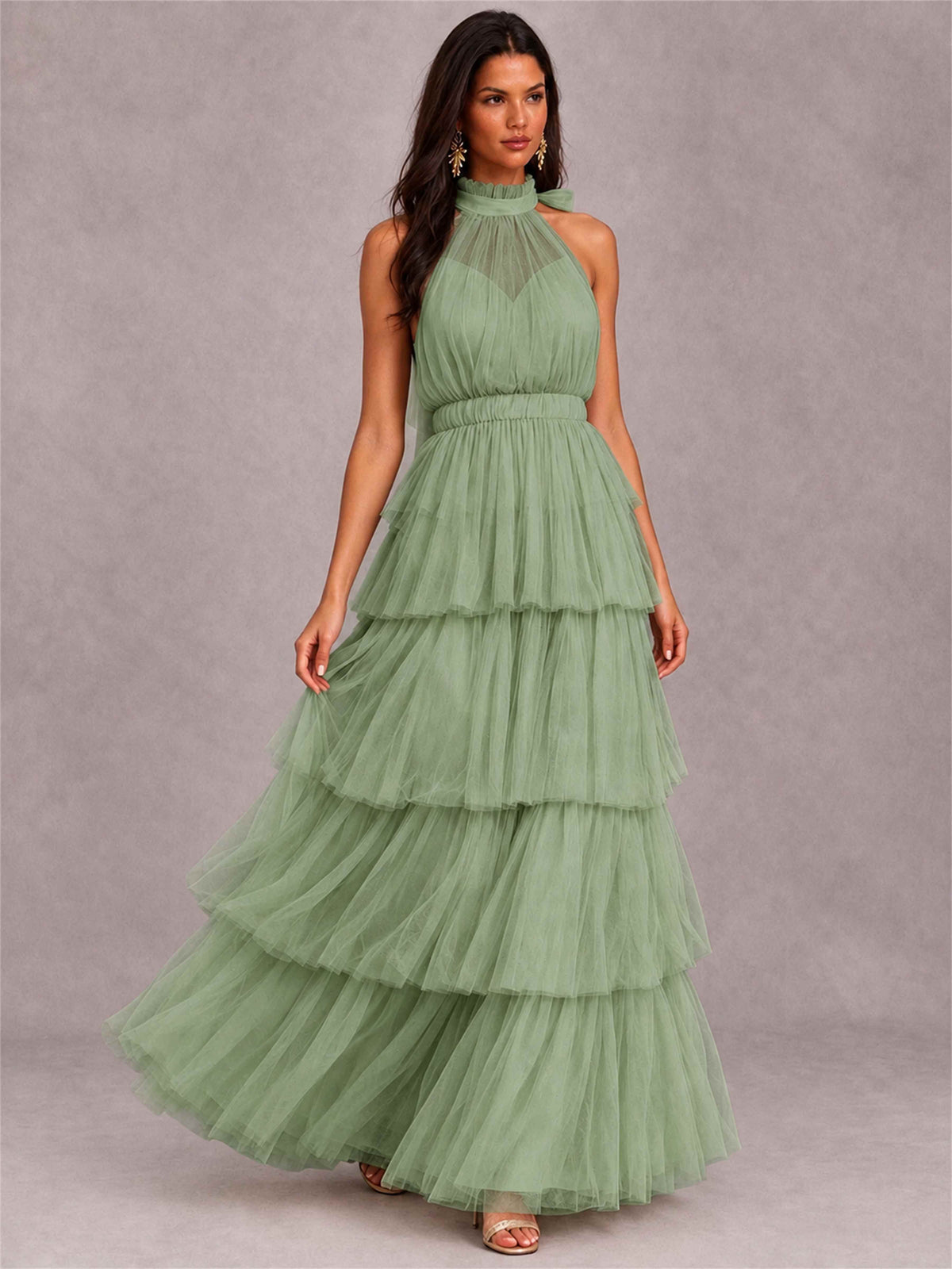 High Neck A-Line Tulle Tiered Sleeveless Floor-Length Wedding Guest Dress