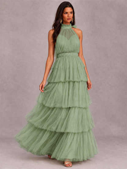 High Neck A-Line Tulle Tiered Sleeveless Floor-Length Wedding Guest Dress