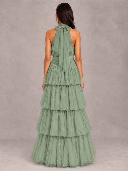 High Neck A-Line Tulle Tiered Sleeveless Floor-Length Wedding Guest Dress