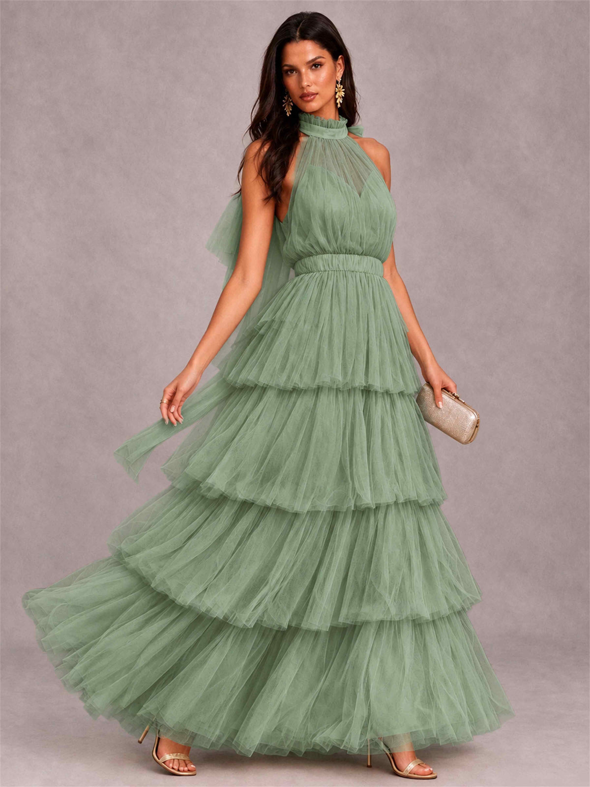 High Neck A-Line Tulle Tiered Sleeveless Floor-Length Wedding Guest Dress