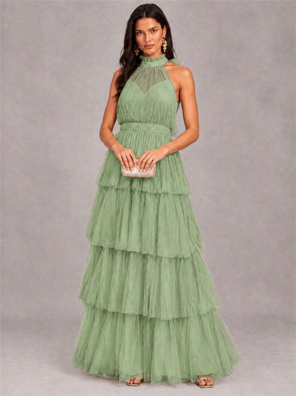 High Neck A-Line Tulle Tiered Sleeveless Floor-Length Wedding Guest Dress