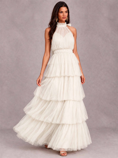 High Neck A-Line Tulle Tiered Sleeveless Floor-Length Wedding Guest Dress