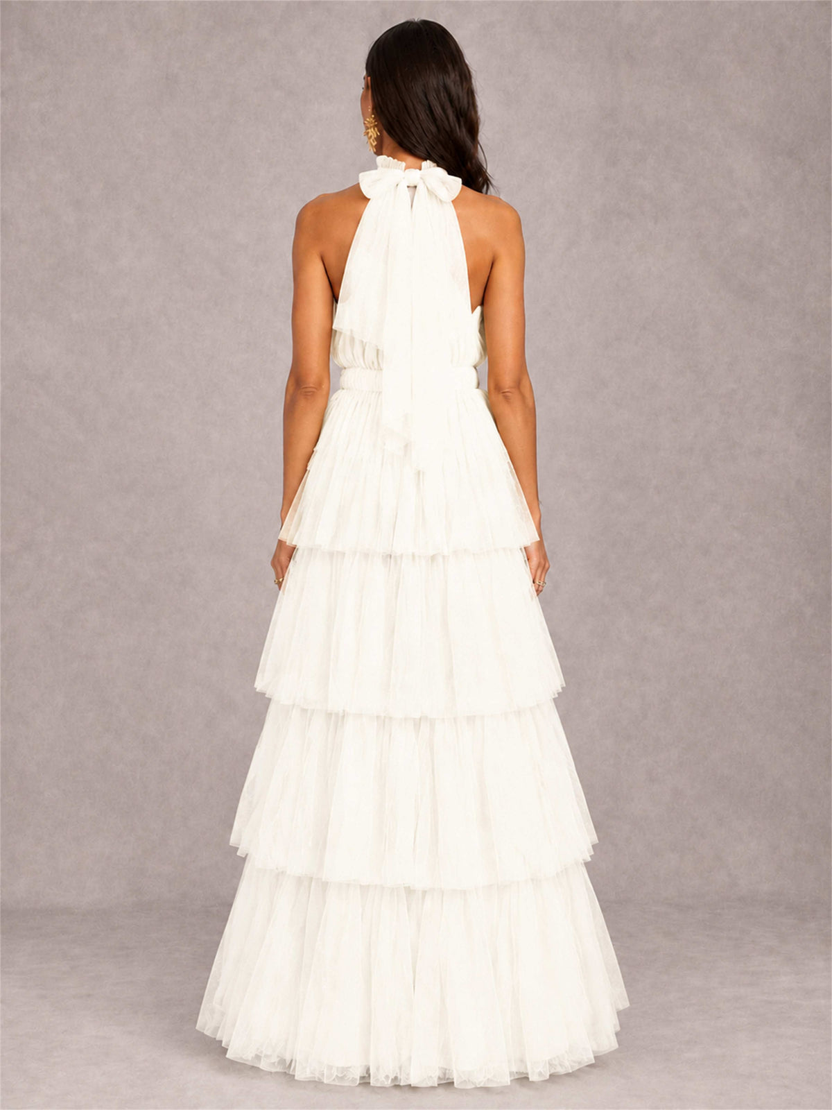 High Neck A-Line Tulle Tiered Sleeveless Floor-Length Wedding Guest Dress