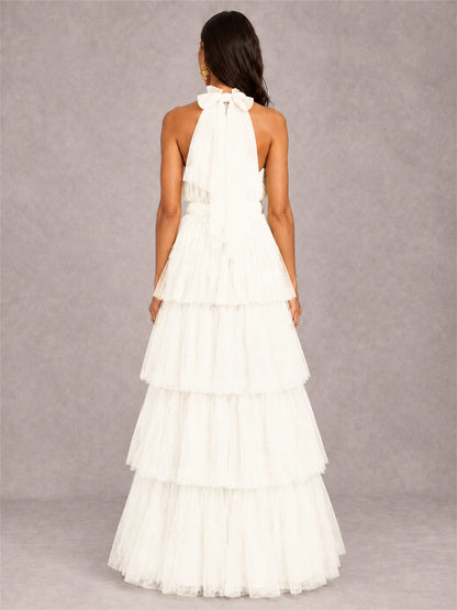 High Neck A-Line Tulle Tiered Sleeveless Floor-Length Wedding Guest Dress