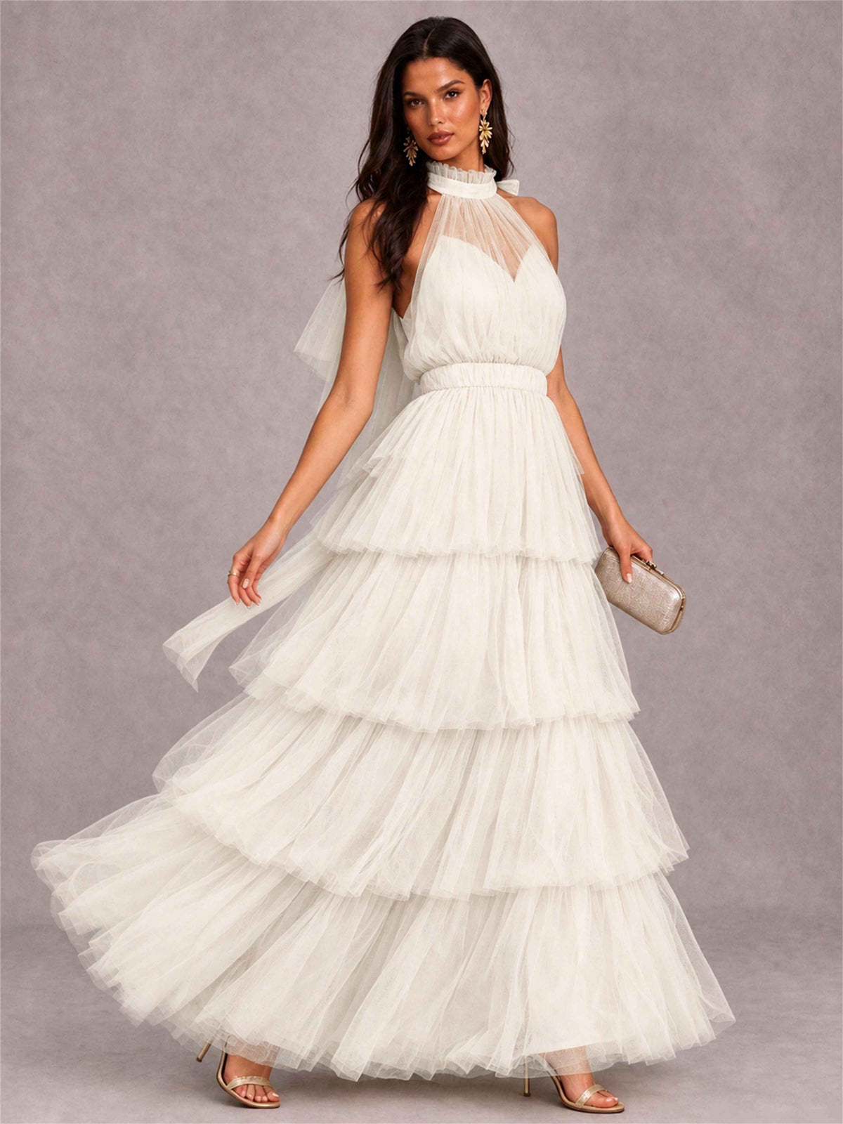High Neck A-Line Tulle Tiered Sleeveless Floor-Length Wedding Guest Dress