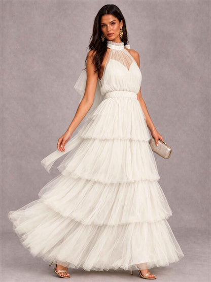 High Neck A-Line Tulle Tiered Sleeveless Floor-Length Wedding Guest Dress