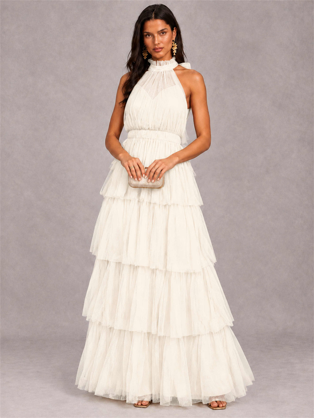 High Neck A-Line Tulle Tiered Sleeveless Floor-Length Wedding Guest Dress