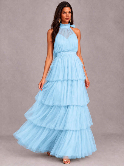 High Neck A-Line Tulle Tiered Sleeveless Floor-Length Wedding Guest Dress