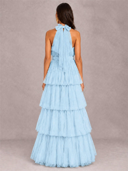 High Neck A-Line Tulle Tiered Sleeveless Floor-Length Wedding Guest Dress