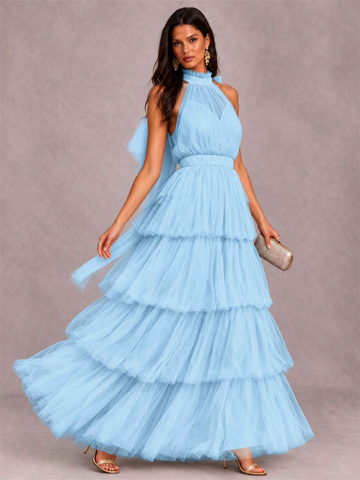 High Neck A-Line Tulle Tiered Sleeveless Floor-Length Wedding Guest Dress