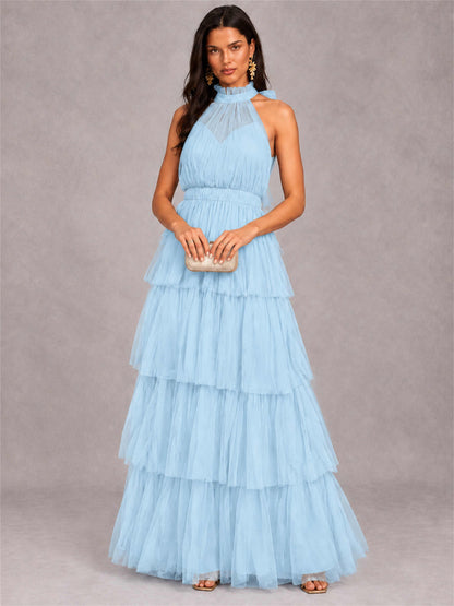 High Neck A-Line Tulle Tiered Sleeveless Floor-Length Wedding Guest Dress