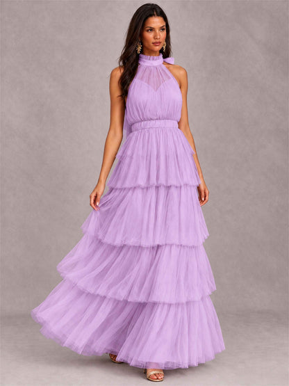 High Neck A-Line Tulle Tiered Sleeveless Floor-Length Wedding Guest Dress