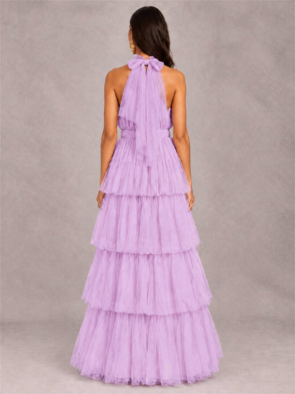 High Neck A-Line Tulle Tiered Sleeveless Floor-Length Wedding Guest Dress