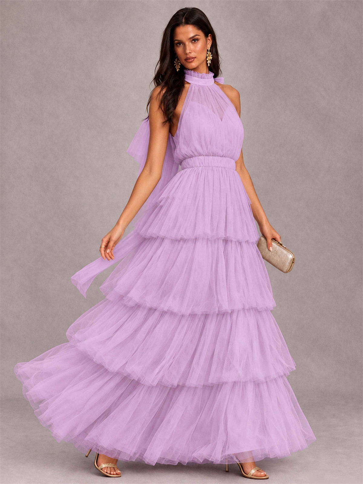High Neck A-Line Tulle Tiered Sleeveless Floor-Length Wedding Guest Dress
