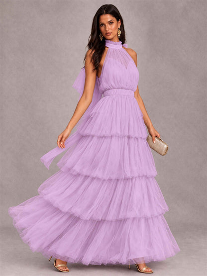 High Neck A-Line Tulle Tiered Sleeveless Floor-Length Wedding Guest Dress