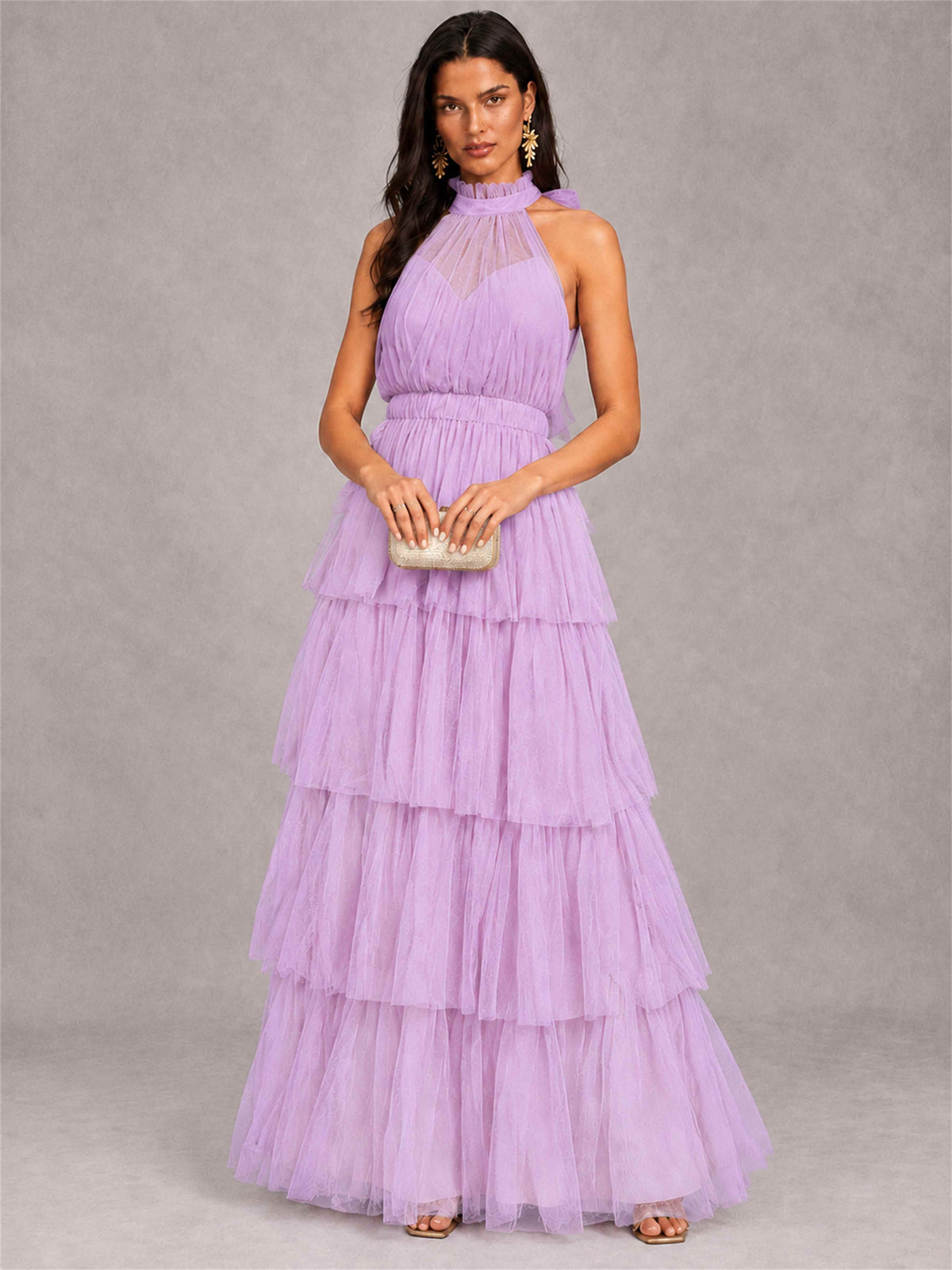 High Neck A-Line Tulle Tiered Sleeveless Floor-Length Wedding Guest Dress
