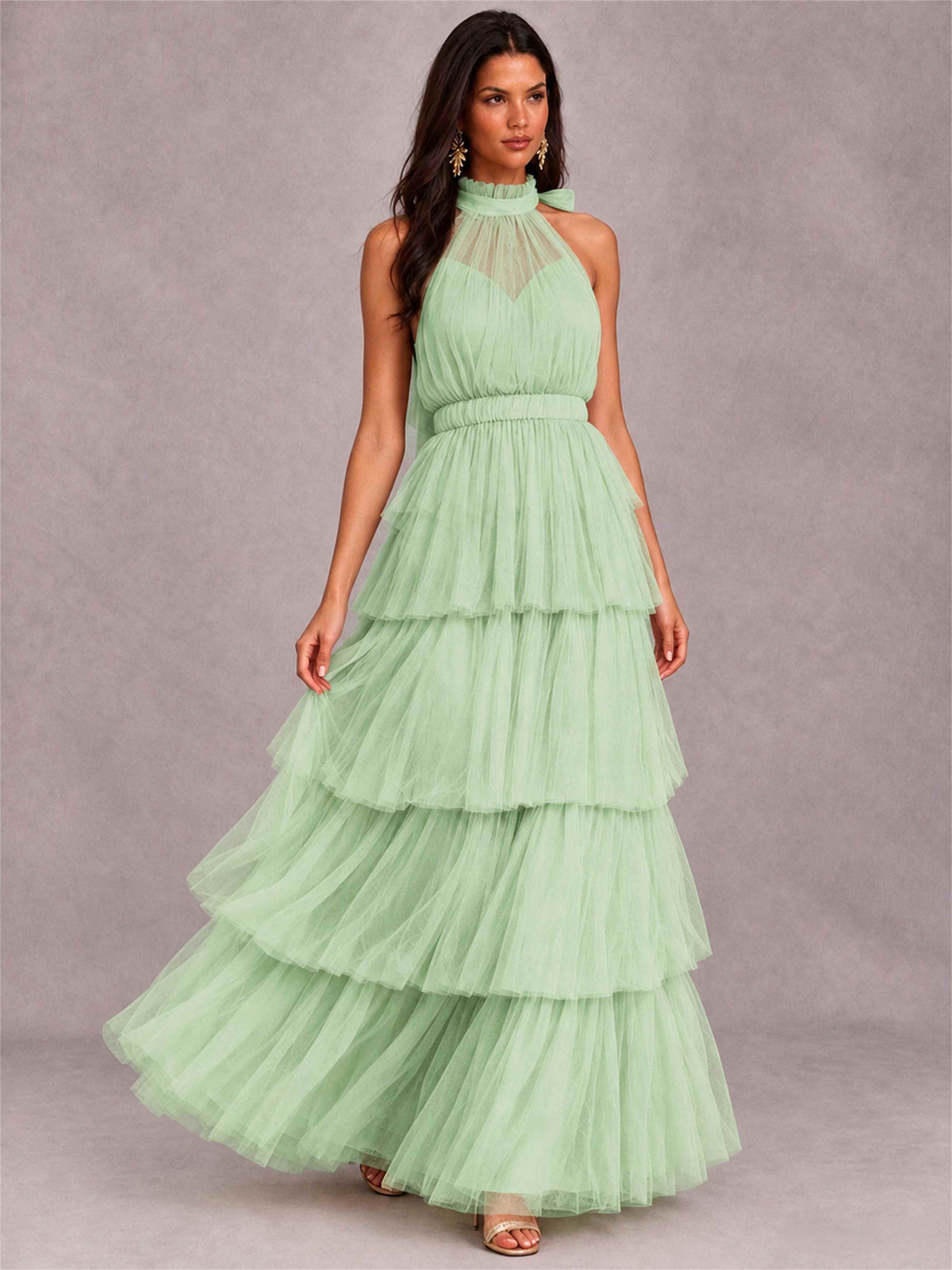 High Neck A-Line Tulle Tiered Sleeveless Floor-Length Wedding Guest Dress