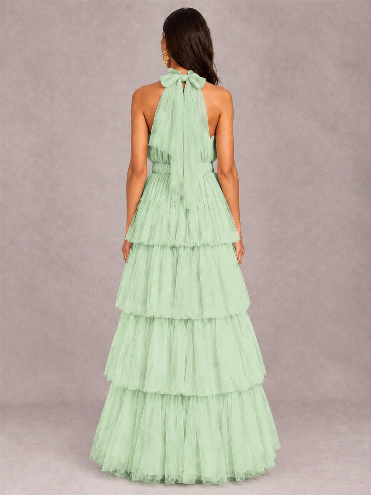 High Neck A-Line Tulle Tiered Sleeveless Floor-Length Wedding Guest Dress