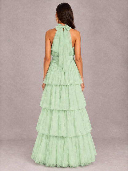 High Neck A-Line Tulle Tiered Sleeveless Floor-Length Wedding Guest Dress