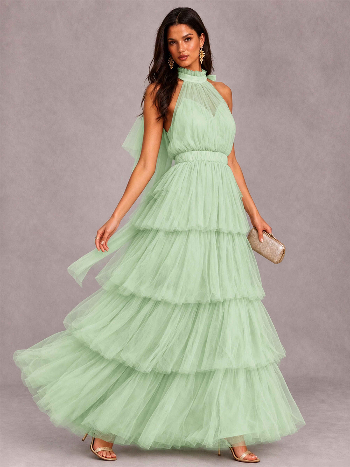High Neck A-Line Tulle Tiered Sleeveless Floor-Length Wedding Guest Dress