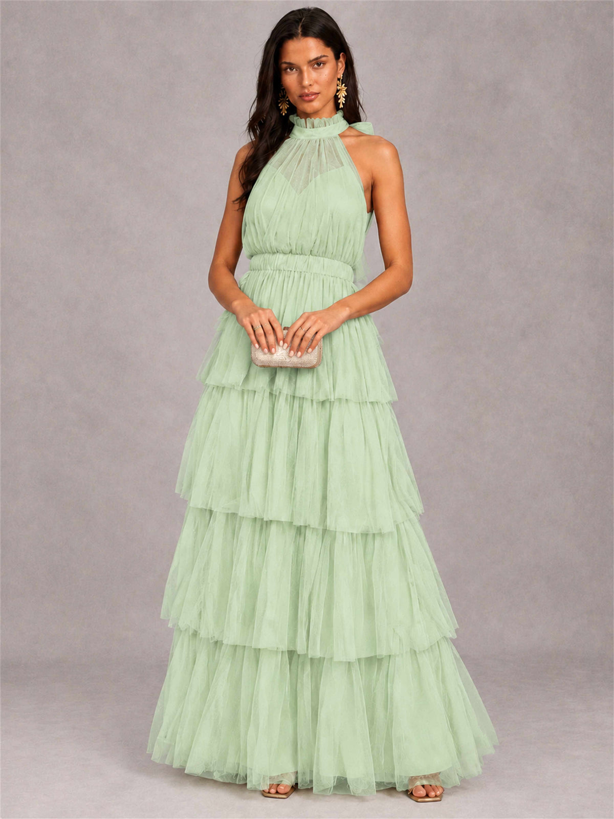 High Neck A-Line Tulle Tiered Sleeveless Floor-Length Wedding Guest Dress