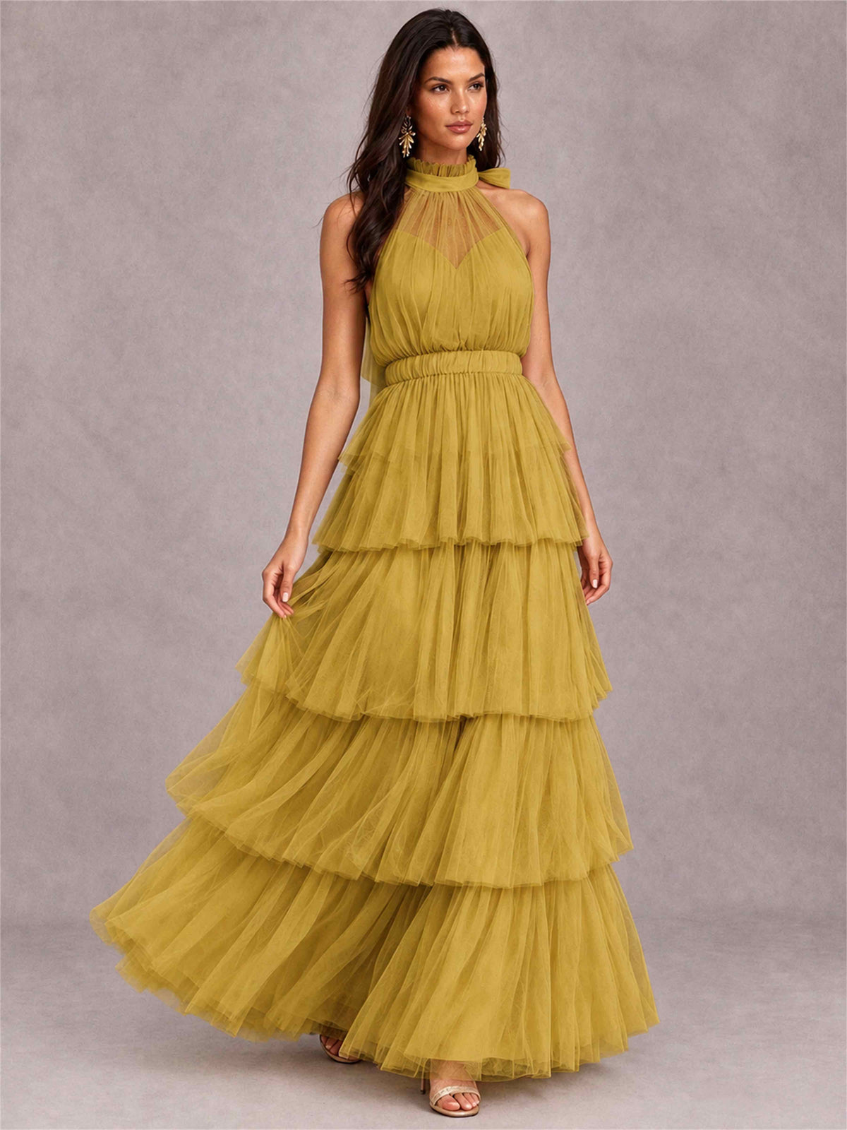 High Neck A-Line Tulle Tiered Sleeveless Floor-Length Wedding Guest Dress