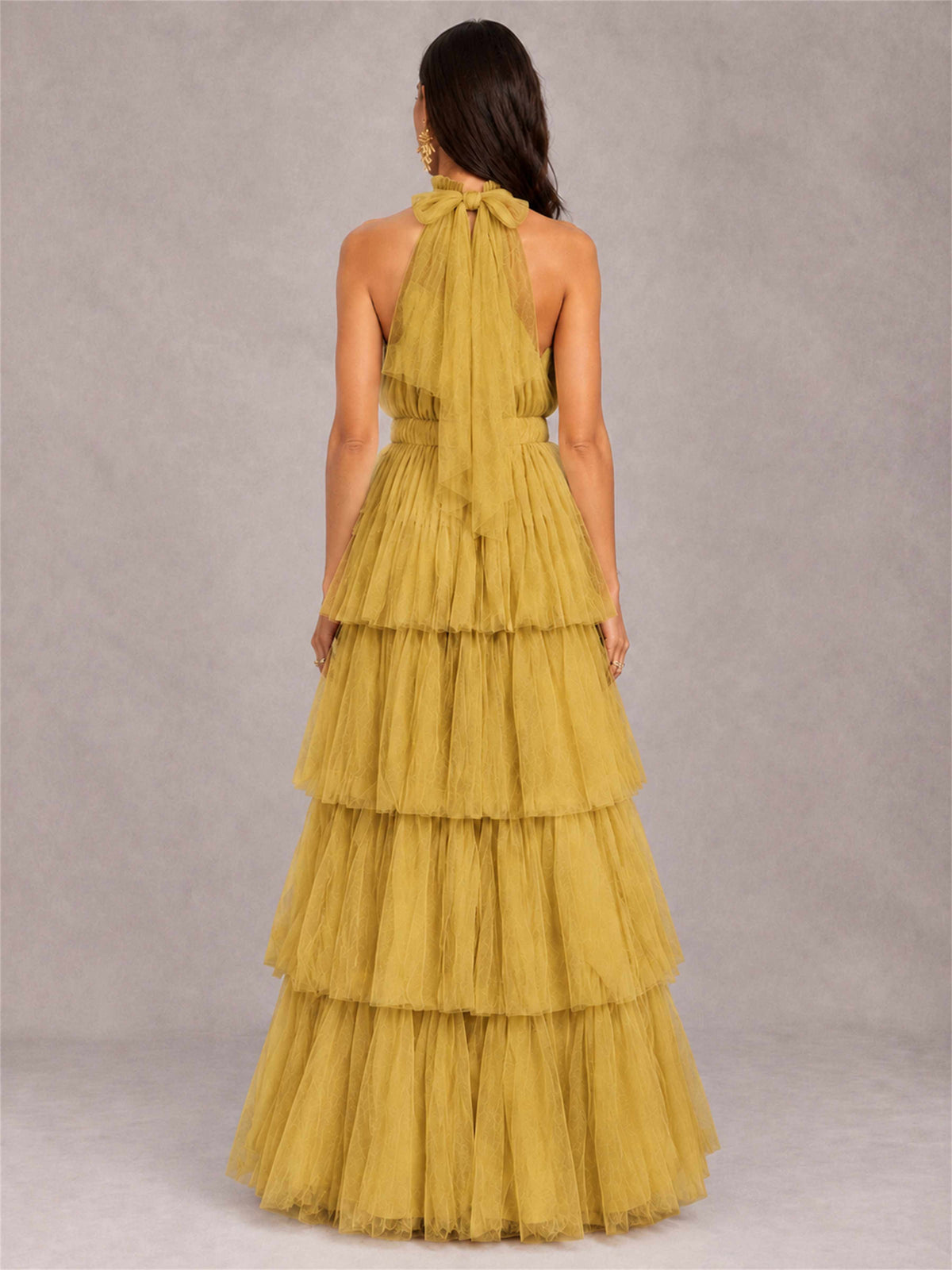 High Neck A-Line Tulle Tiered Sleeveless Floor-Length Wedding Guest Dress