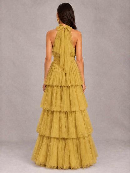 High Neck A-Line Tulle Tiered Sleeveless Floor-Length Wedding Guest Dress