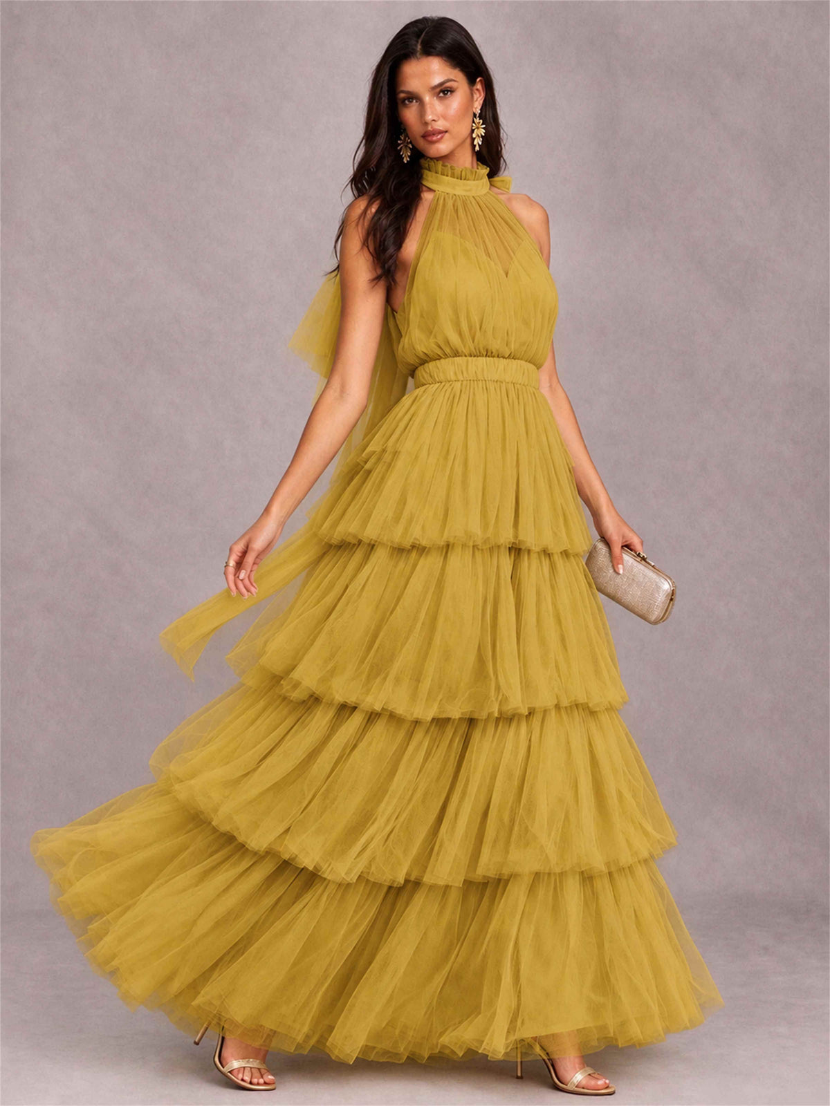 High Neck A-Line Tulle Tiered Sleeveless Floor-Length Wedding Guest Dress