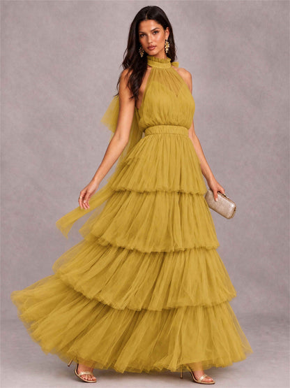 High Neck A-Line Tulle Tiered Sleeveless Floor-Length Wedding Guest Dress