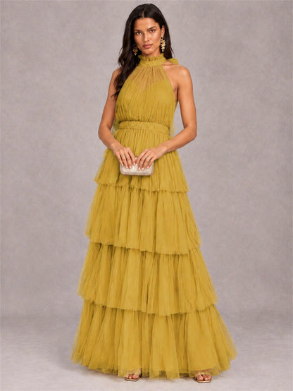 High Neck A-Line Tulle Tiered Sleeveless Floor-Length Wedding Guest Dress