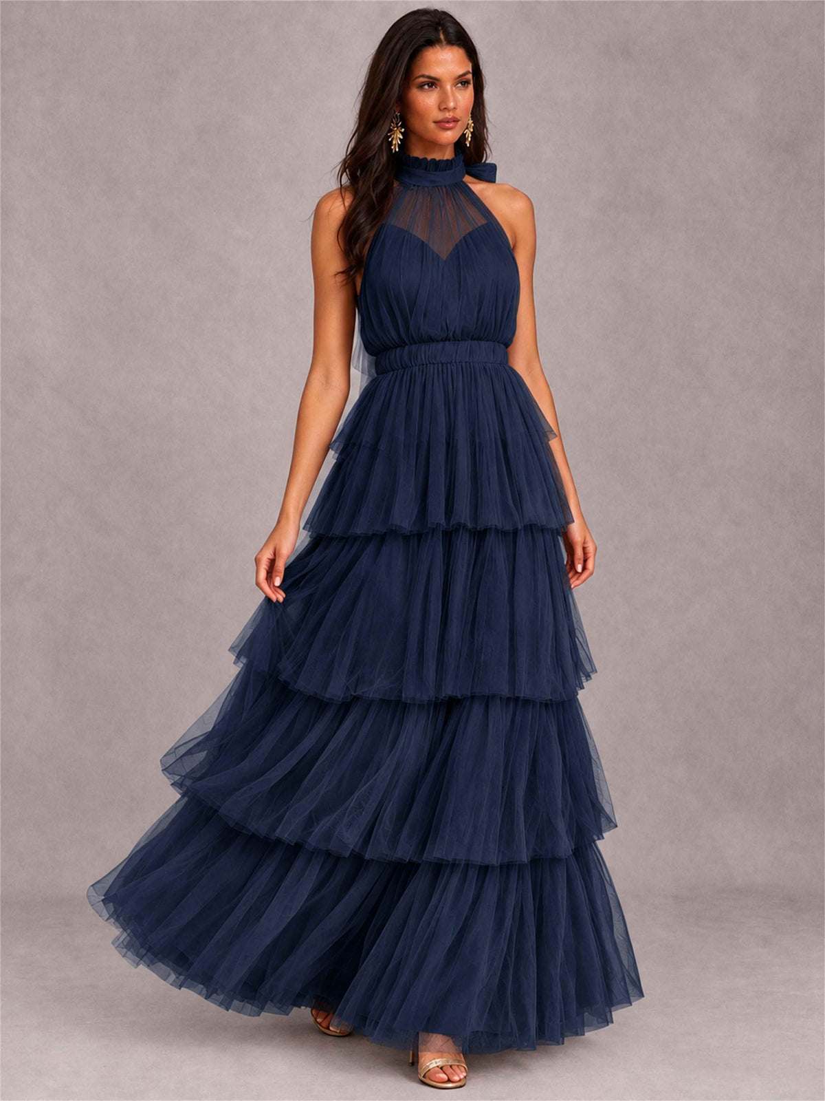 High Neck A-Line Tulle Tiered Sleeveless Floor-Length Wedding Guest Dress