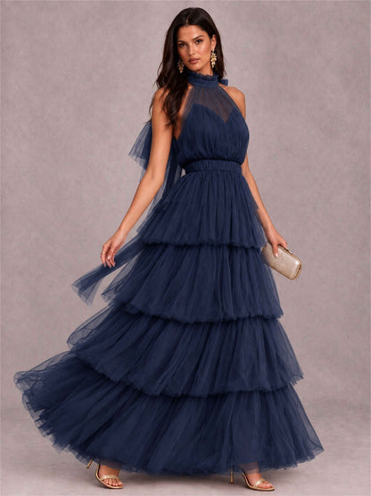 High Neck A-Line Tulle Tiered Sleeveless Floor-Length Wedding Guest Dress