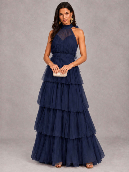 High Neck A-Line Tulle Tiered Sleeveless Floor-Length Wedding Guest Dress