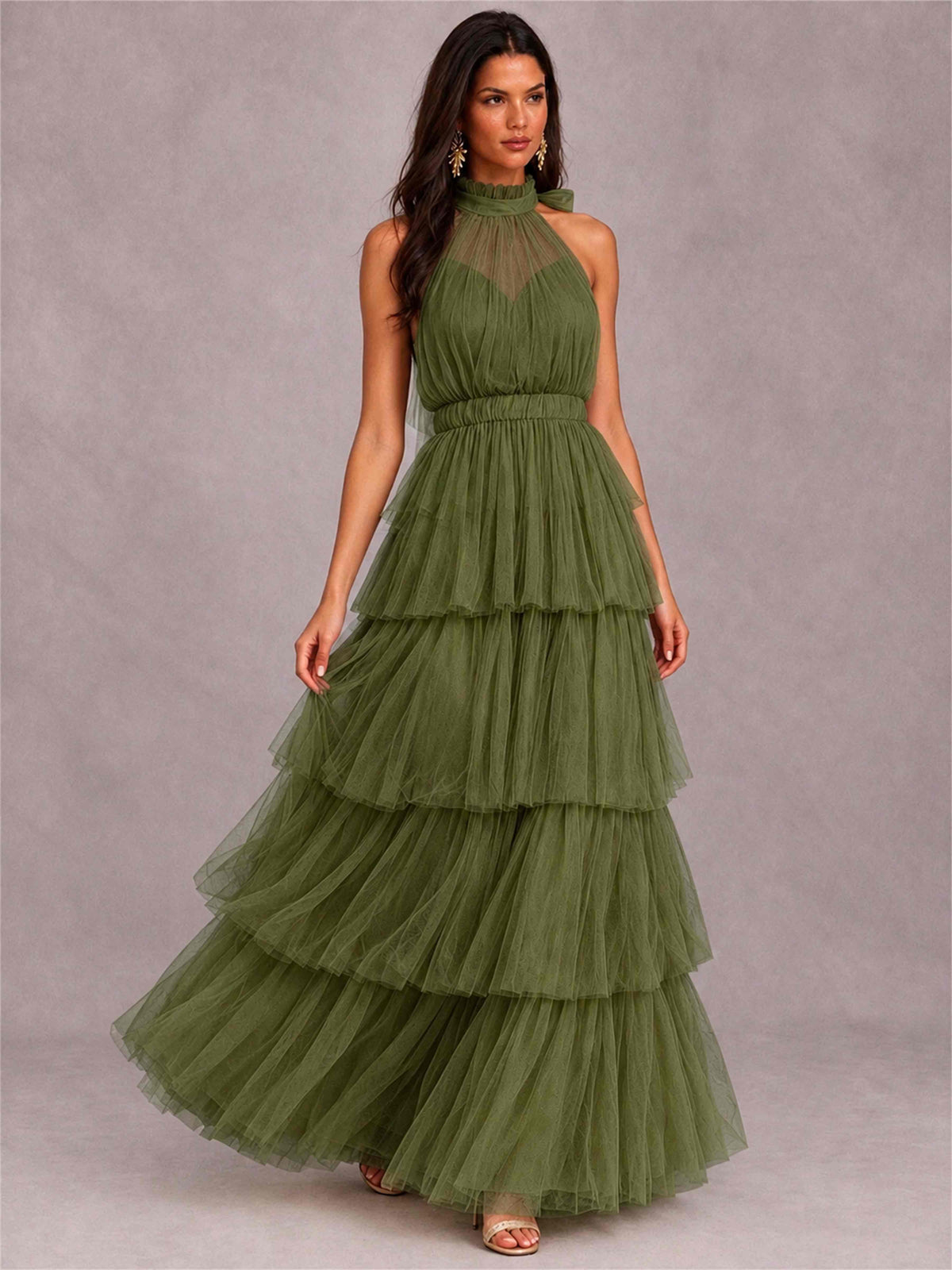 High Neck A-Line Tulle Tiered Sleeveless Floor-Length Wedding Guest Dress