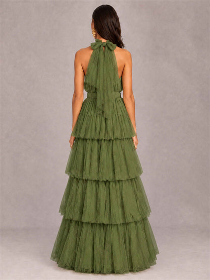 High Neck A-Line Tulle Tiered Sleeveless Floor-Length Wedding Guest Dress