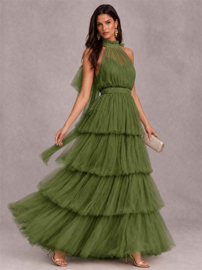 High Neck A-Line Tulle Tiered Sleeveless Floor-Length Wedding Guest Dress