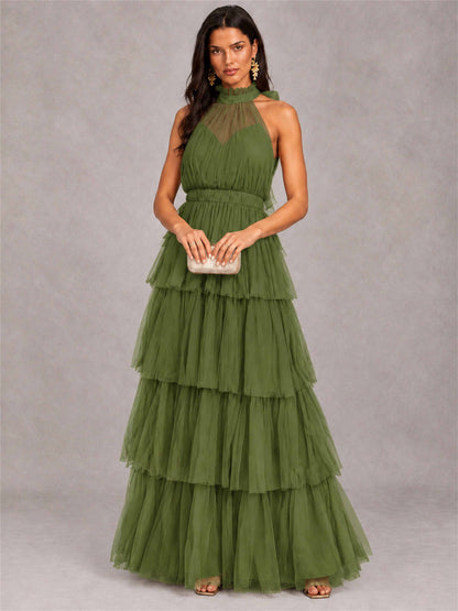 High Neck A-Line Tulle Tiered Sleeveless Floor-Length Wedding Guest Dress