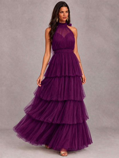 High Neck A-Line Tulle Tiered Sleeveless Floor-Length Wedding Guest Dress