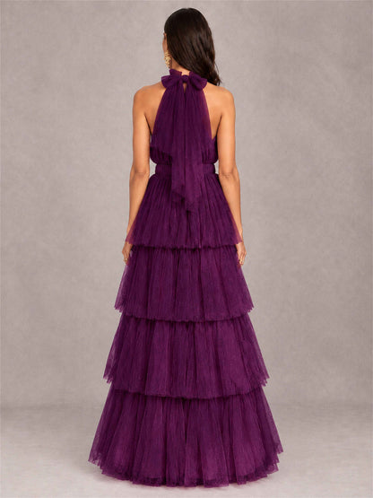 High Neck A-Line Tulle Tiered Sleeveless Floor-Length Wedding Guest Dress