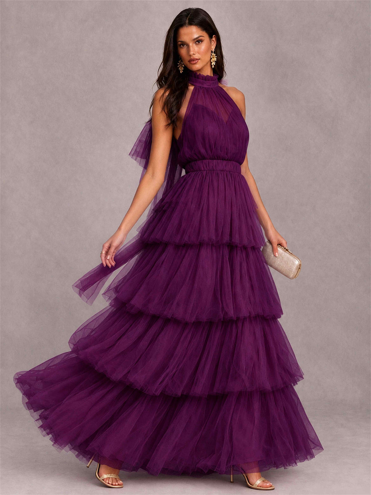 High Neck A-Line Tulle Tiered Sleeveless Floor-Length Wedding Guest Dress